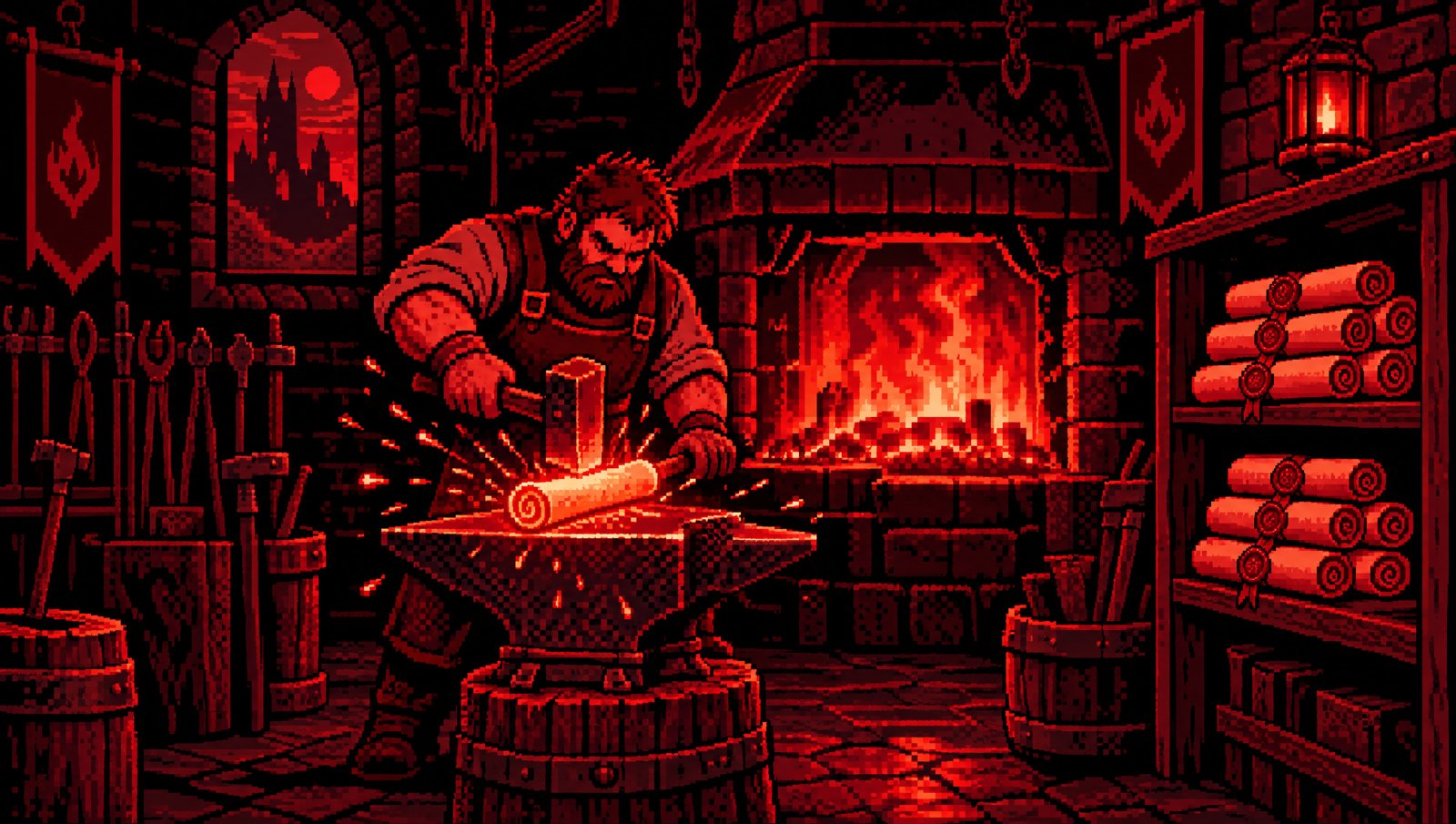 Pixel art of a blacksmith hammering a glowing contract scroll on an anvil