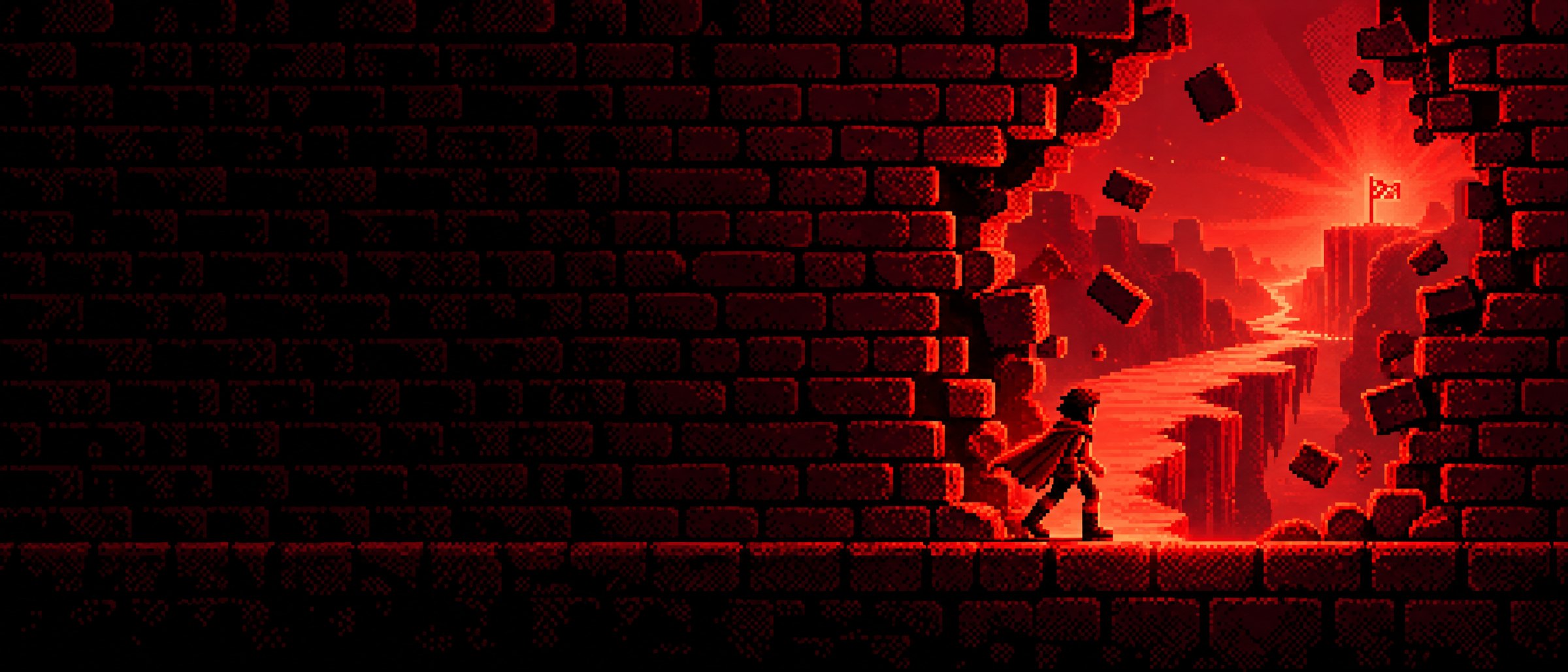 Pixel art: a brick wall cracks open into a glowing secret passage that runs straight to the finish flag, and a small player steps through