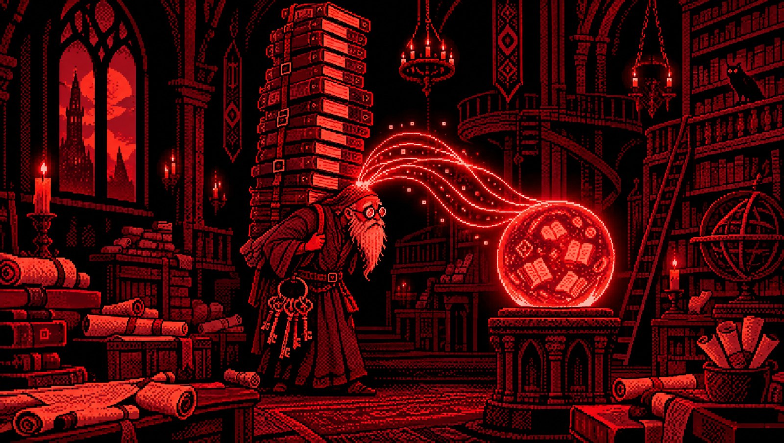 Pixel art of an old keeper buried under binders while a glowing orb copies the knowledge out of their head
