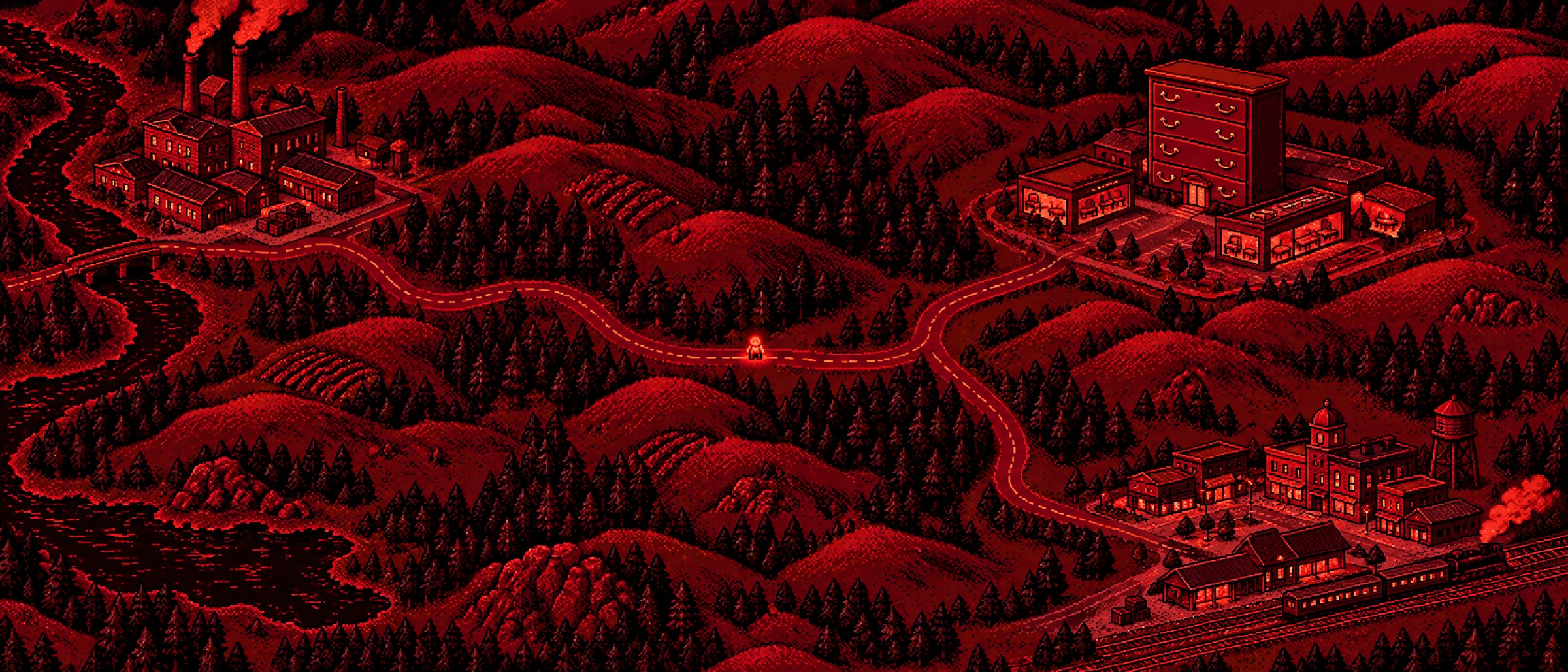 Pixel art overworld map of three Piedmont towns joined by a winding highway