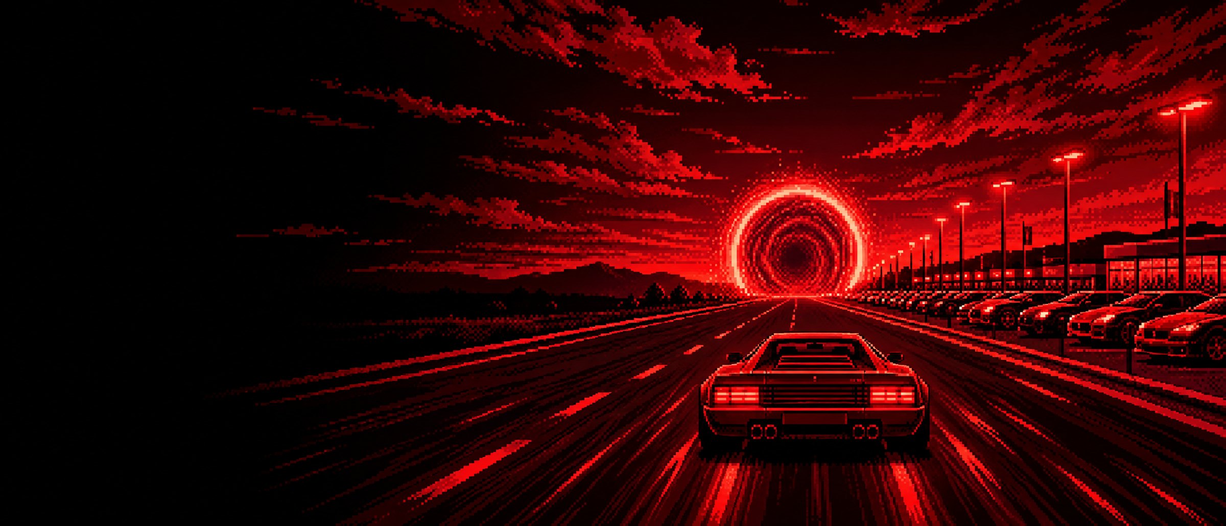 Pixel art of a car racing past a dealership lot toward a glowing warp portal