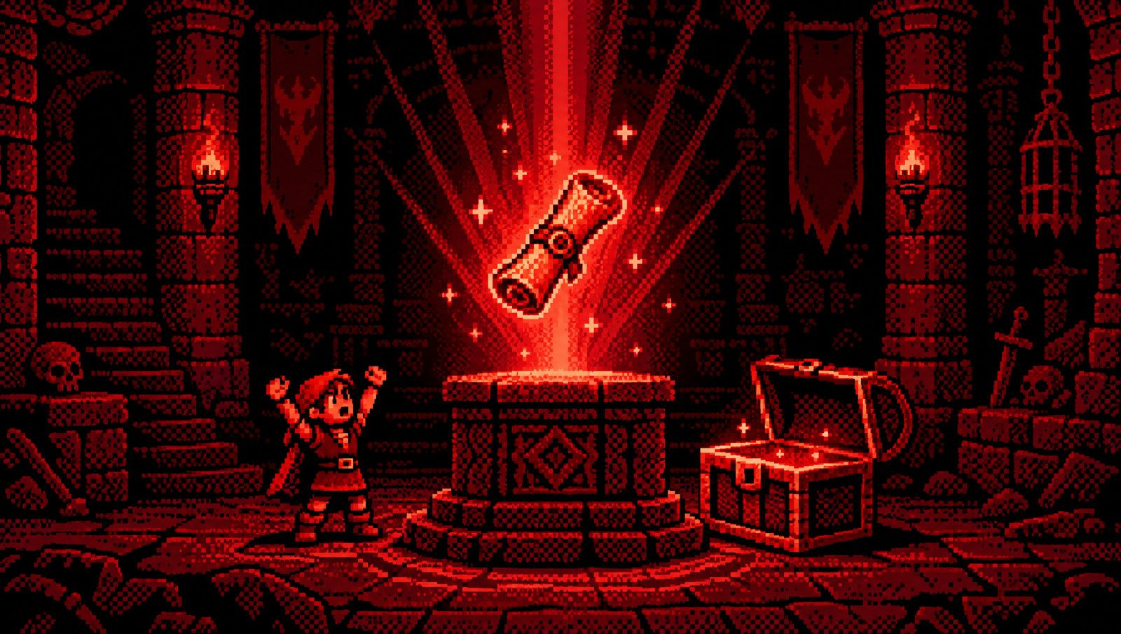 Pixel art of a glowing scroll on a pedestal while a small hero cheers
