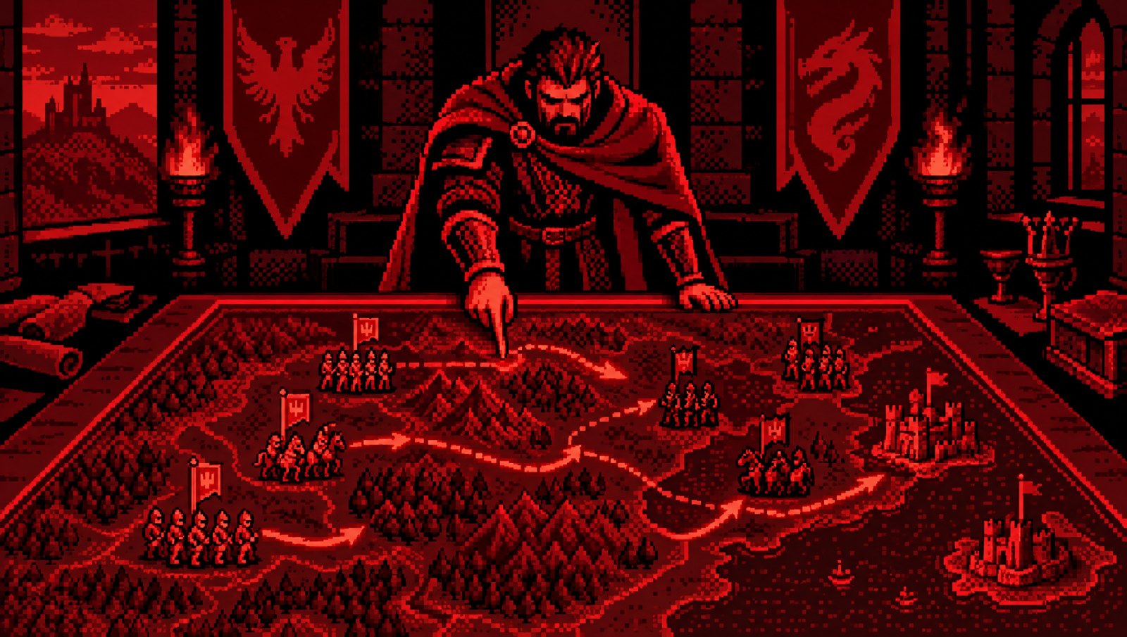 Pixel art of a commander planning a campaign over a glowing war-table map